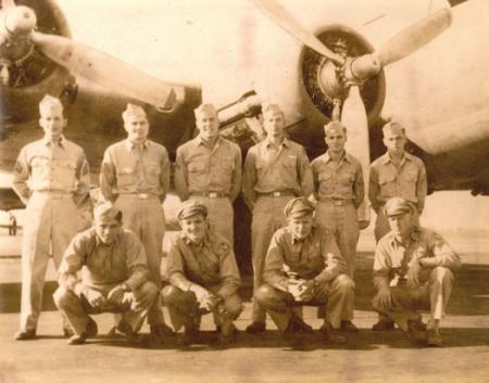 <P><b>Lt. Dick Sorenson's original crew.</b></p>
<p><b>1st Row L to R:</b>  Orlando Palesse, Co-pilot; Dutton (KIA); Dick Sorenson, Pilot; Trumbo, Bombardier.</p>
<p><b>2nd Row L to R:</b> Calev, Radio Operator; MacNeill Flight Engineer; John Kurland; George Patton; Wright 'Curly' Plummer, Ball Turret Gunner; and Stoneburner.</p>